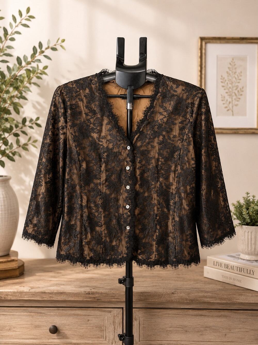 Soraya Women’s Size 18 Black Floral Lace Brown Lined Blouse Jacket Y2K